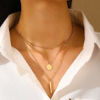 Minimalist Triple-Layered Geometric Bar & Disc Necklace