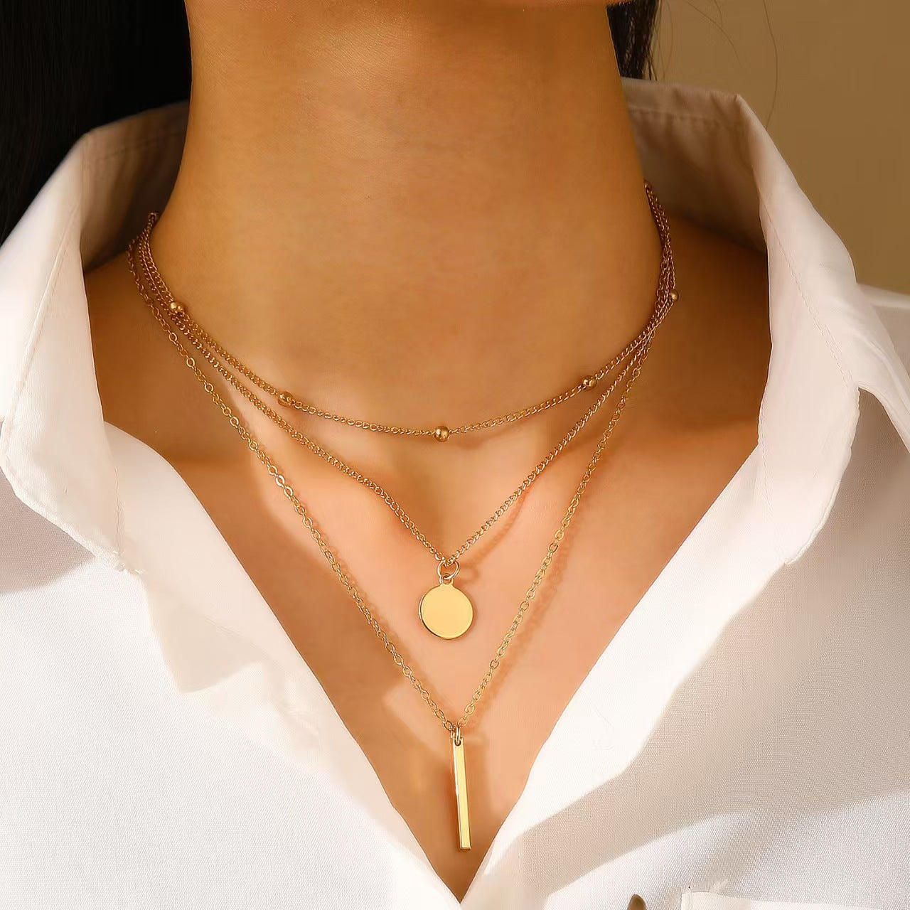 Minimalist Triple-Layered Geometric Bar & Disc Necklace