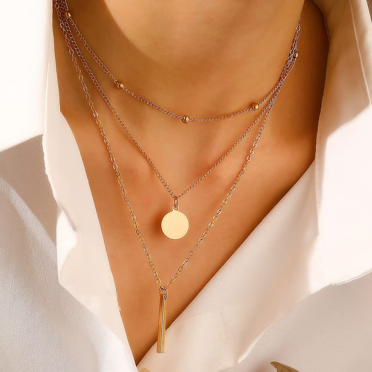 Minimalist Triple-Layered Geometric Bar & Disc Necklace
