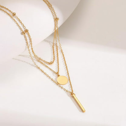 Minimalist Triple-Layered Geometric Bar & Disc Necklace
