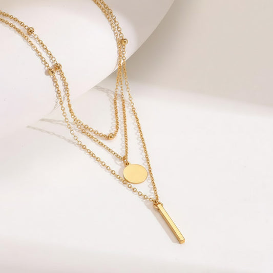 Minimalist Triple-Layered Geometric Bar & Disc Necklace
