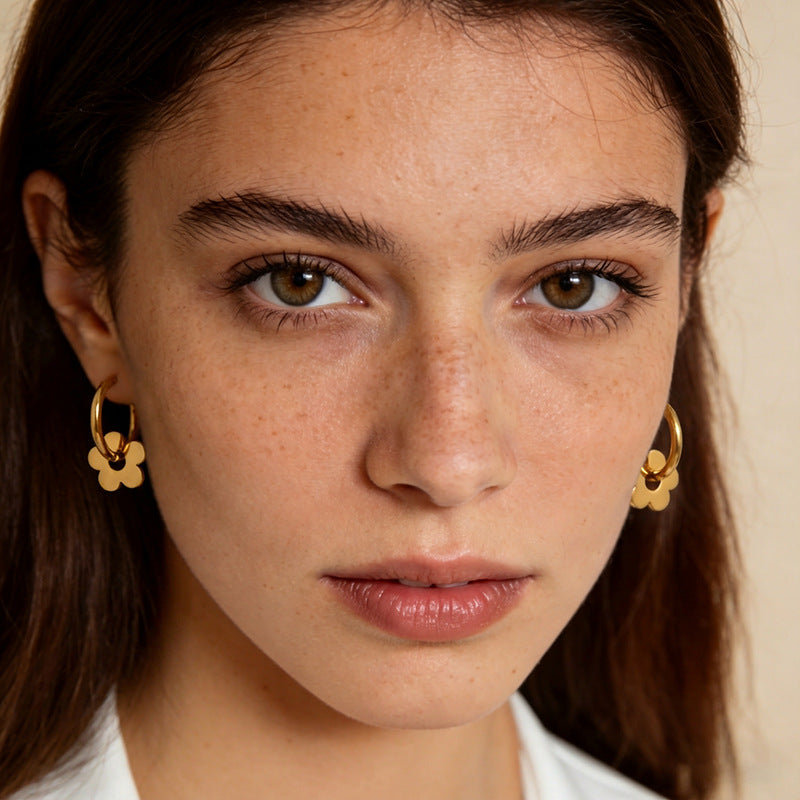 18K Gold Plated Daisy Charm Hoop Earrings