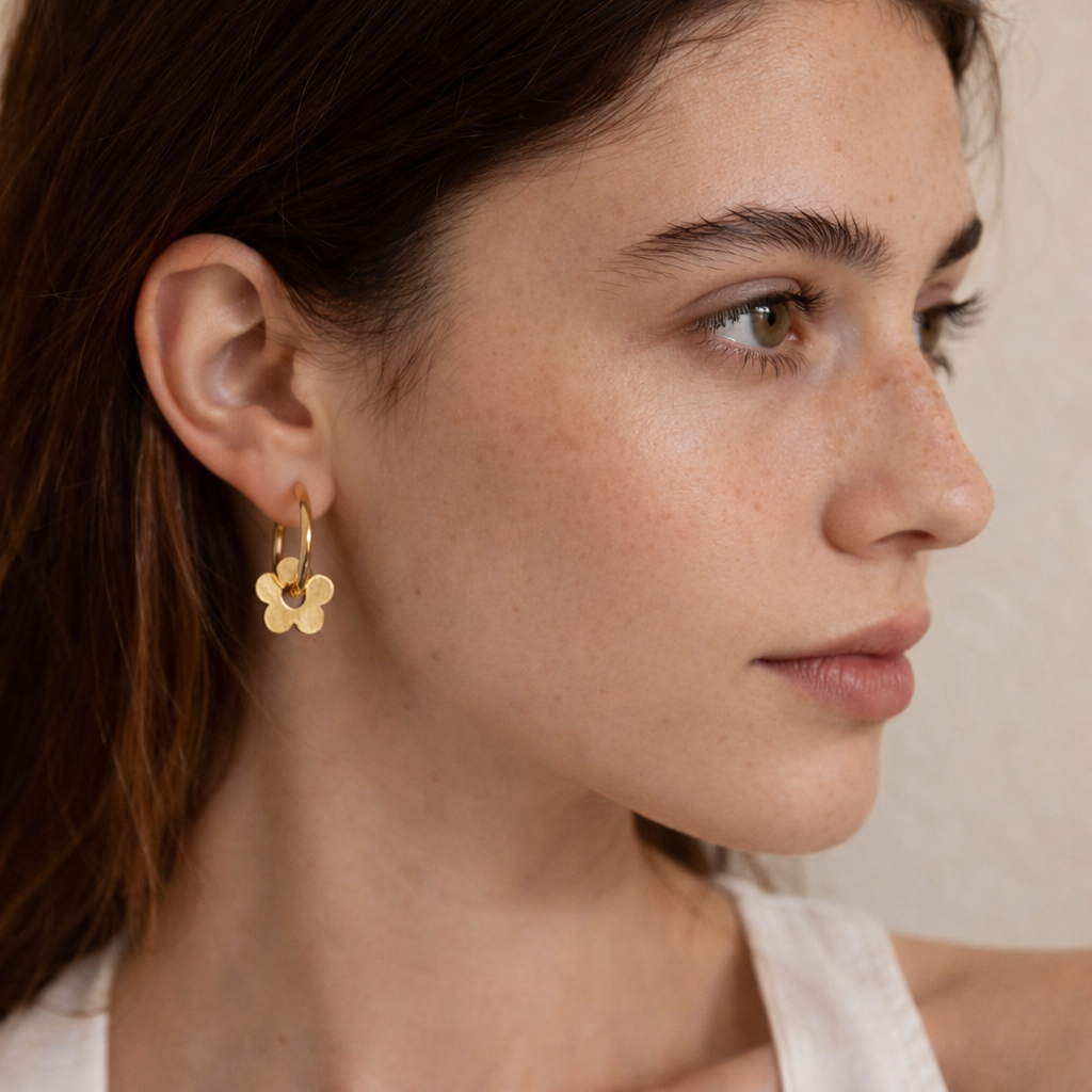 18K Gold Plated Daisy Charm Hoop Earrings